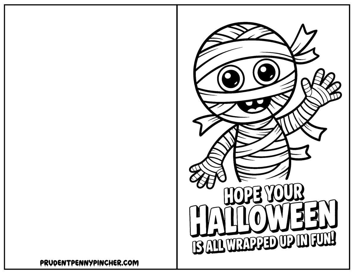 Happy mummy wrapped in bandages halloween card to color