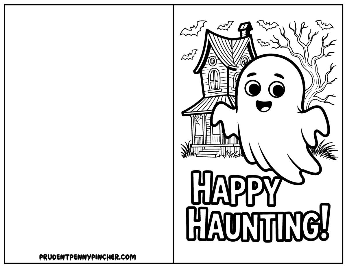 ghost floating beside a crooked haunted house