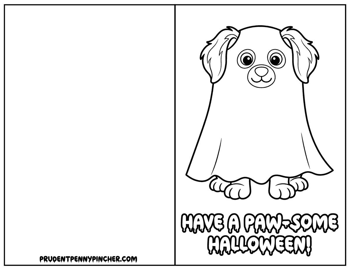 Cute puppy peeking out of a ghost costume halloween card to color