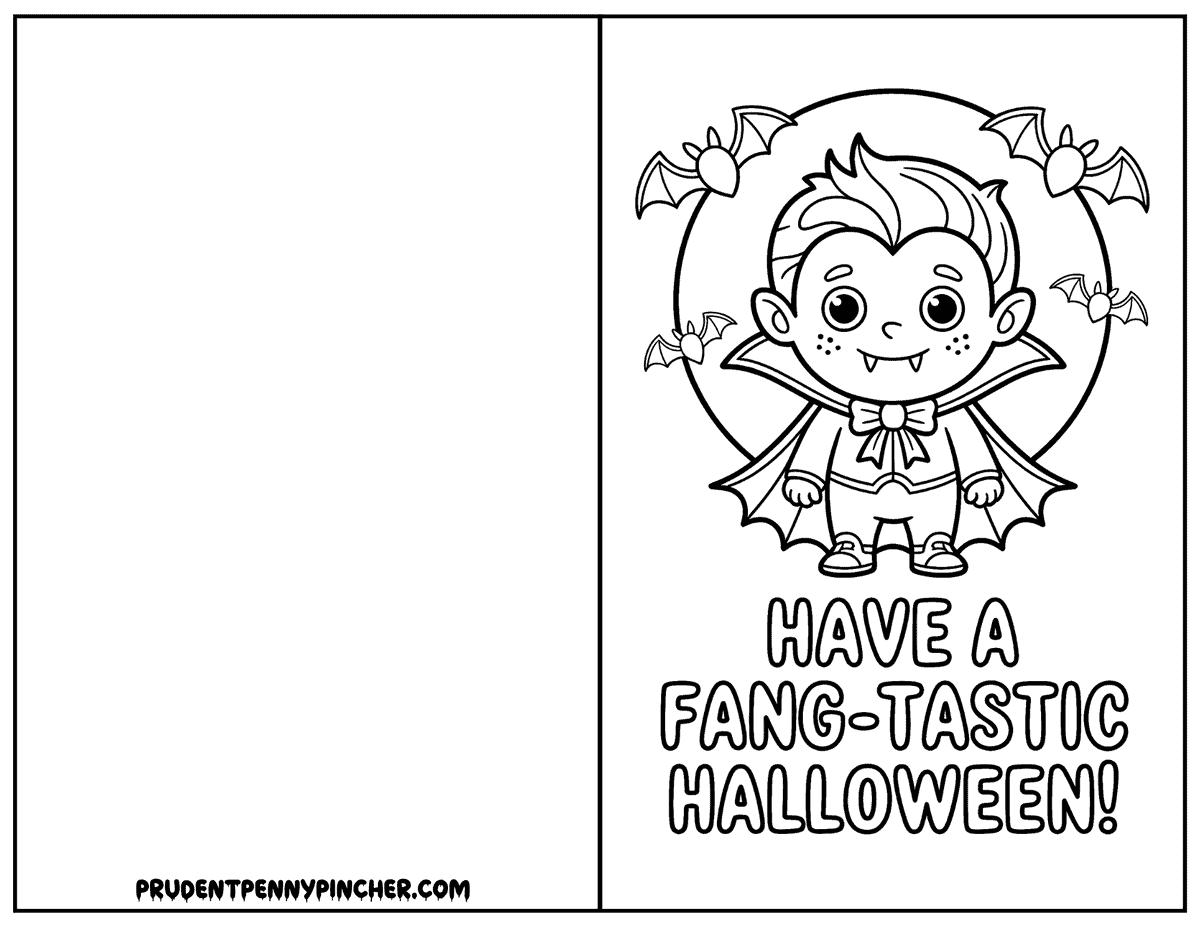 Cute little vampire with a cape halloween card to color for kids