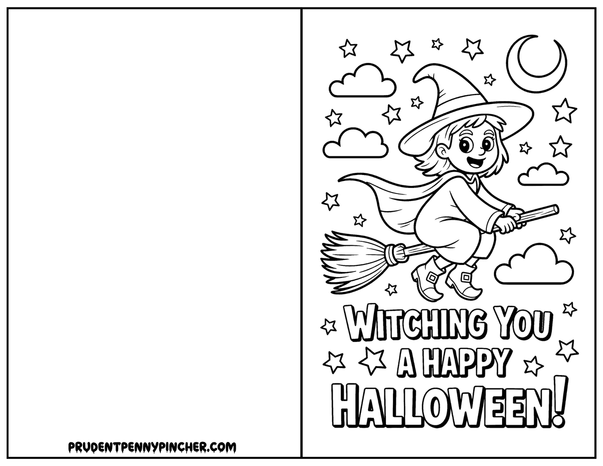 Happy witch flying on a broom beneath a crescent moon and stars