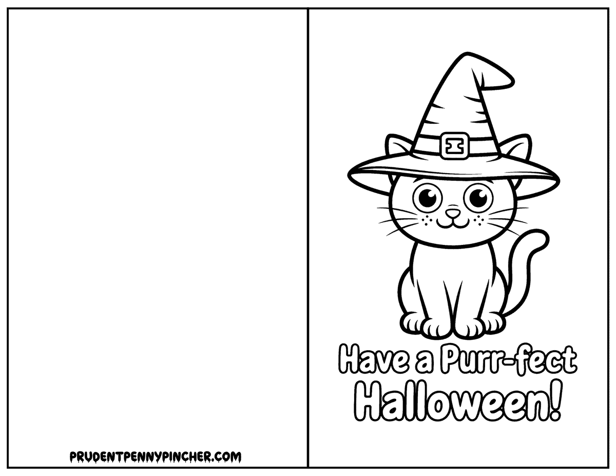 Adorable cat wearing an oversized halloween witch hat card to color