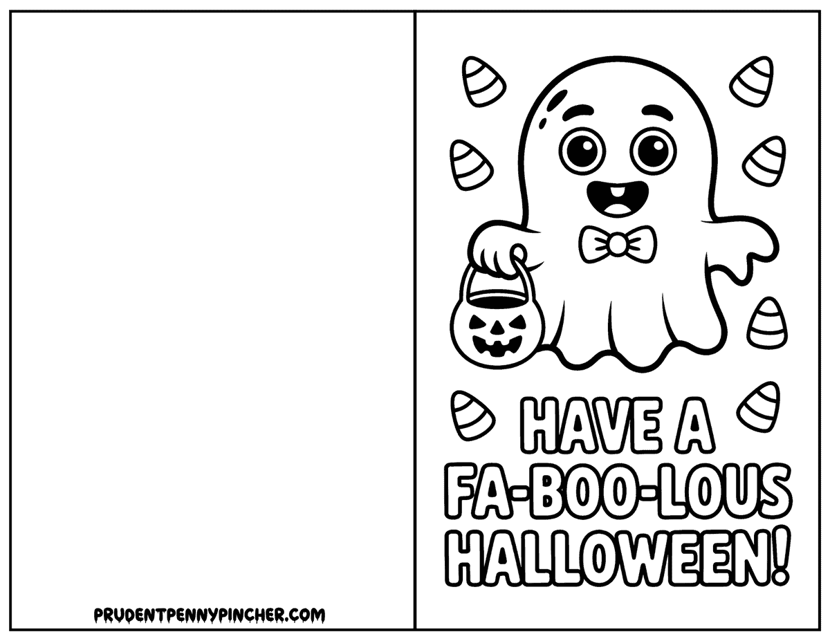 ghost holding a candy pail with candy corn halloween coloring card