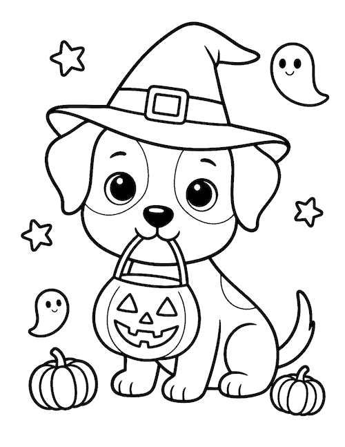 puppy coloring page wearing a witch hat and holding a pumpkin candy bucket with ghosts and pumpkins