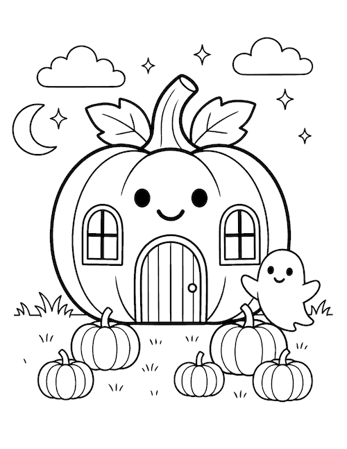 Cute pumpkin house coloring page with a friendly ghost, pumpkins, crescent moon, and stars