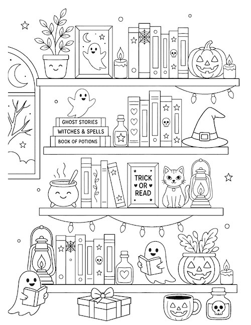 Detailed Halloween bookshelf coloring page with ghosts, pumpkins, books, potions, candles, and a witch hat