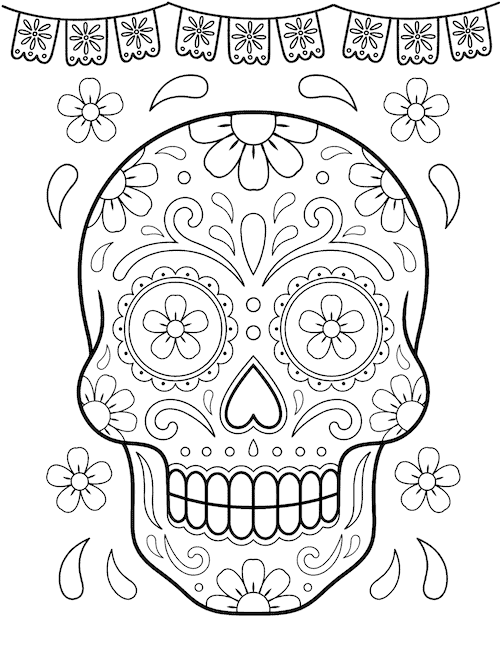 Sugar skull coloring page decorated with flowers and patterns beneath a papel picado banner