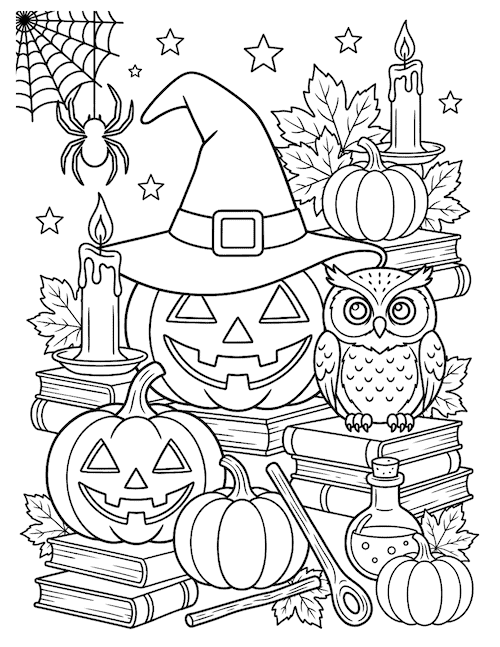 Detailed Halloween coloring page with jack-o'-lanterns, witch hat, owl, candles, books, leaves, and potion bottle