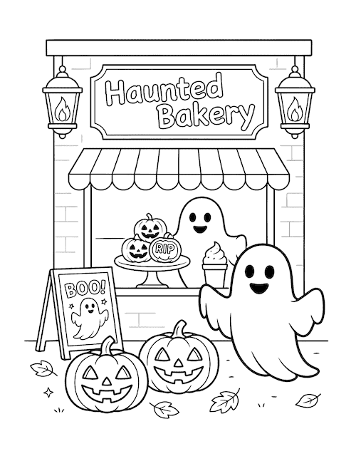 Haunted bakery coloring page with friendly ghosts, jack-o'-lanterns, Halloween treats, and fallen leaves