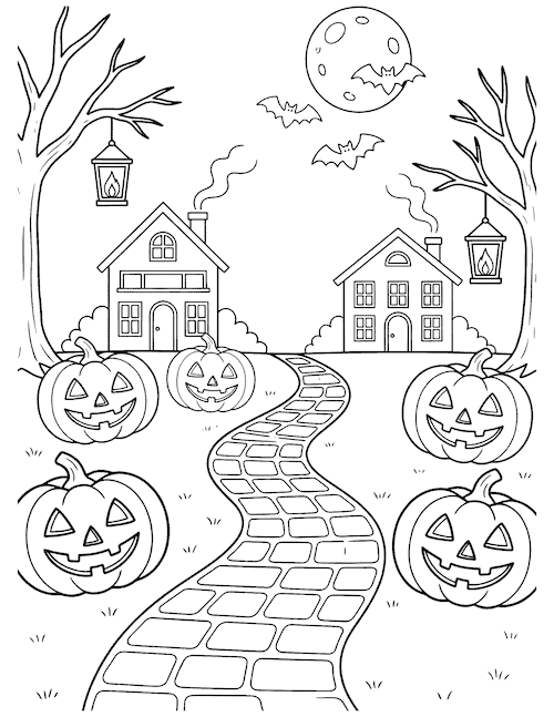 Halloween neighborhood coloring page with jack-o'-lanterns, houses, bats, bare trees, lanterns, and a full moon