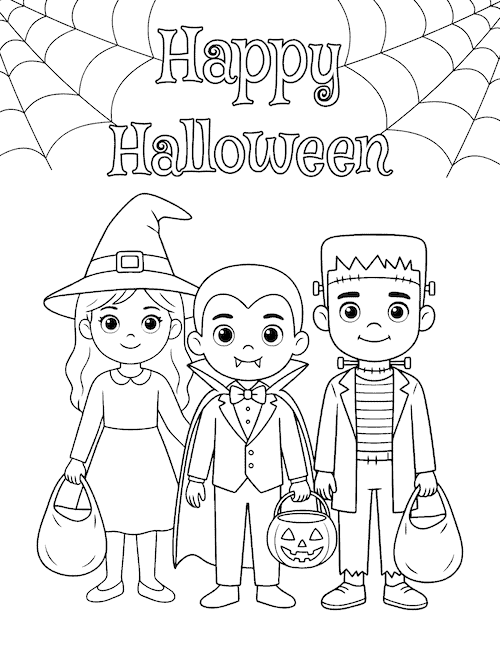 Happy Halloween coloring page with kids dressed as a witch, vampire, and Frankenstein monster