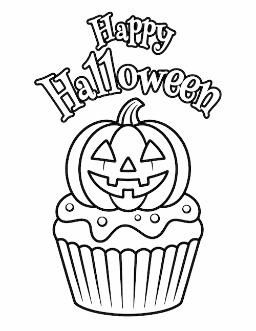 cupcake coloring page topped with a smiling jack-o'-lantern
