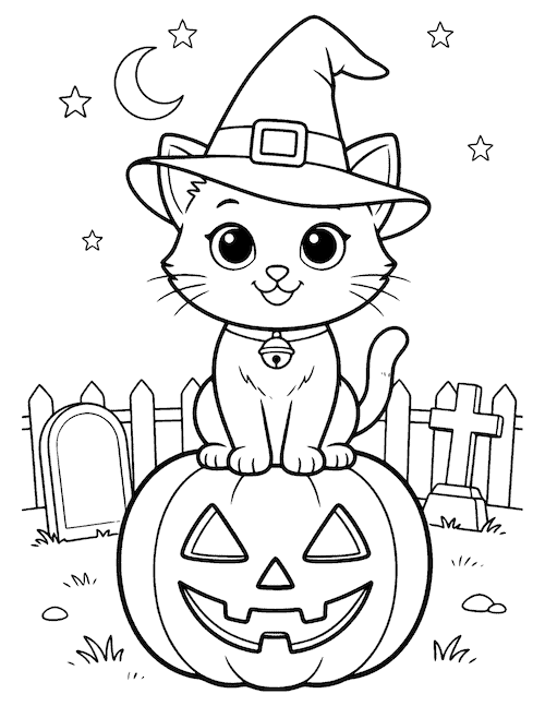 Halloween cat coloring page wearing a witch hat and sitting on a jack-o'-lantern in a graveyard