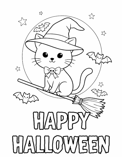 Cute witch cat coloring page riding a broom with bats, stars, and Happy Halloween text