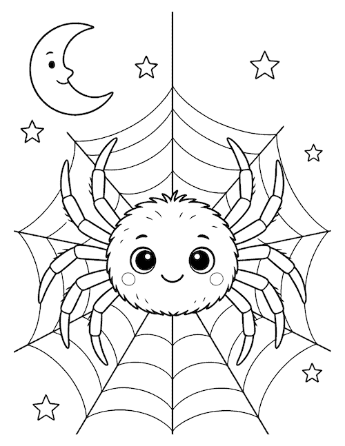 Cute spider coloring page on a large spiderweb with a crescent moon and stars