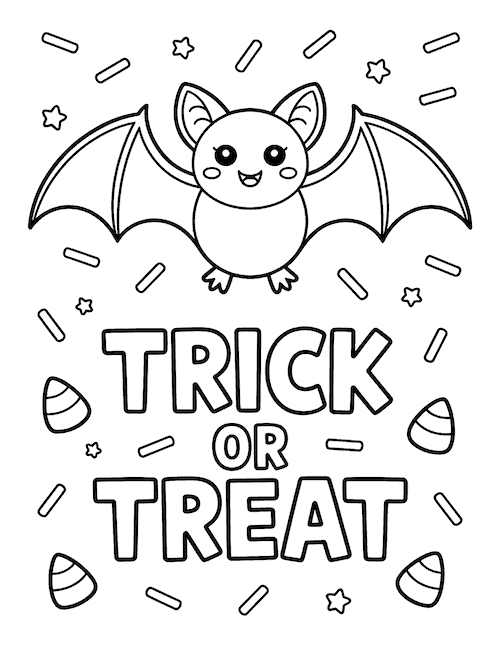 Trick or Treat coloring page with a cute bat, candy corn, stars, and bold lettering