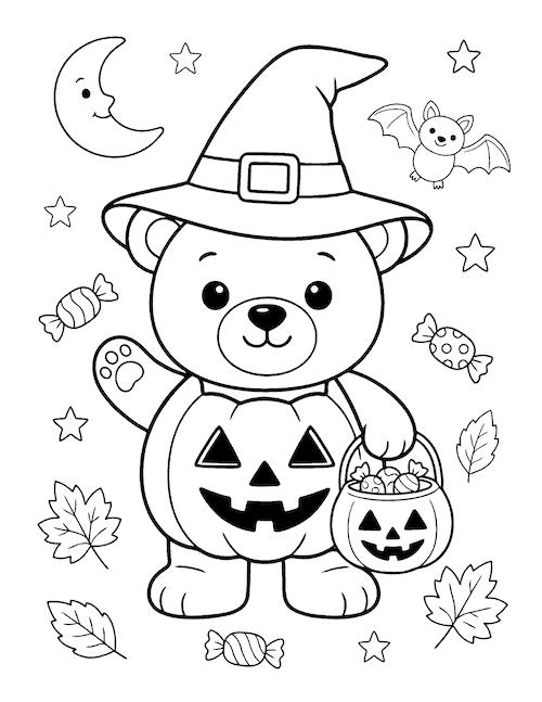 Halloween teddy bear coloring page wearing a witch hat and pumpkin costume with a candy bucket