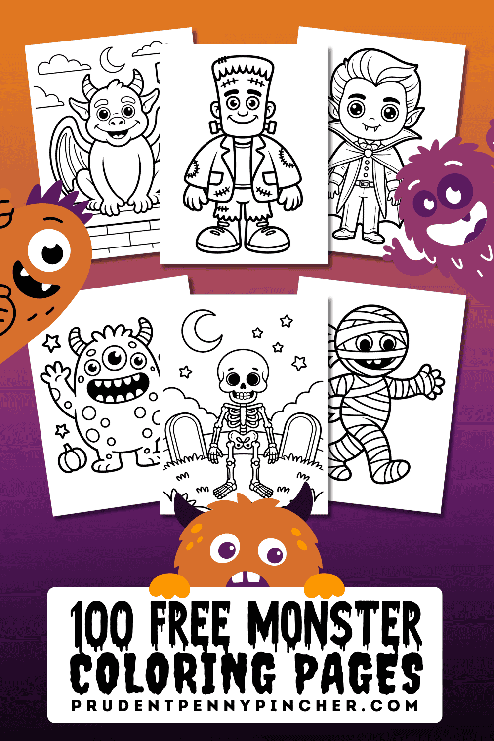 A collage of free monster coloring pages featuring a gargoyle, Frankenstein’s monster, vampire, silly monster, skeleton, and mummy with colorful cartoon monsters around the border.