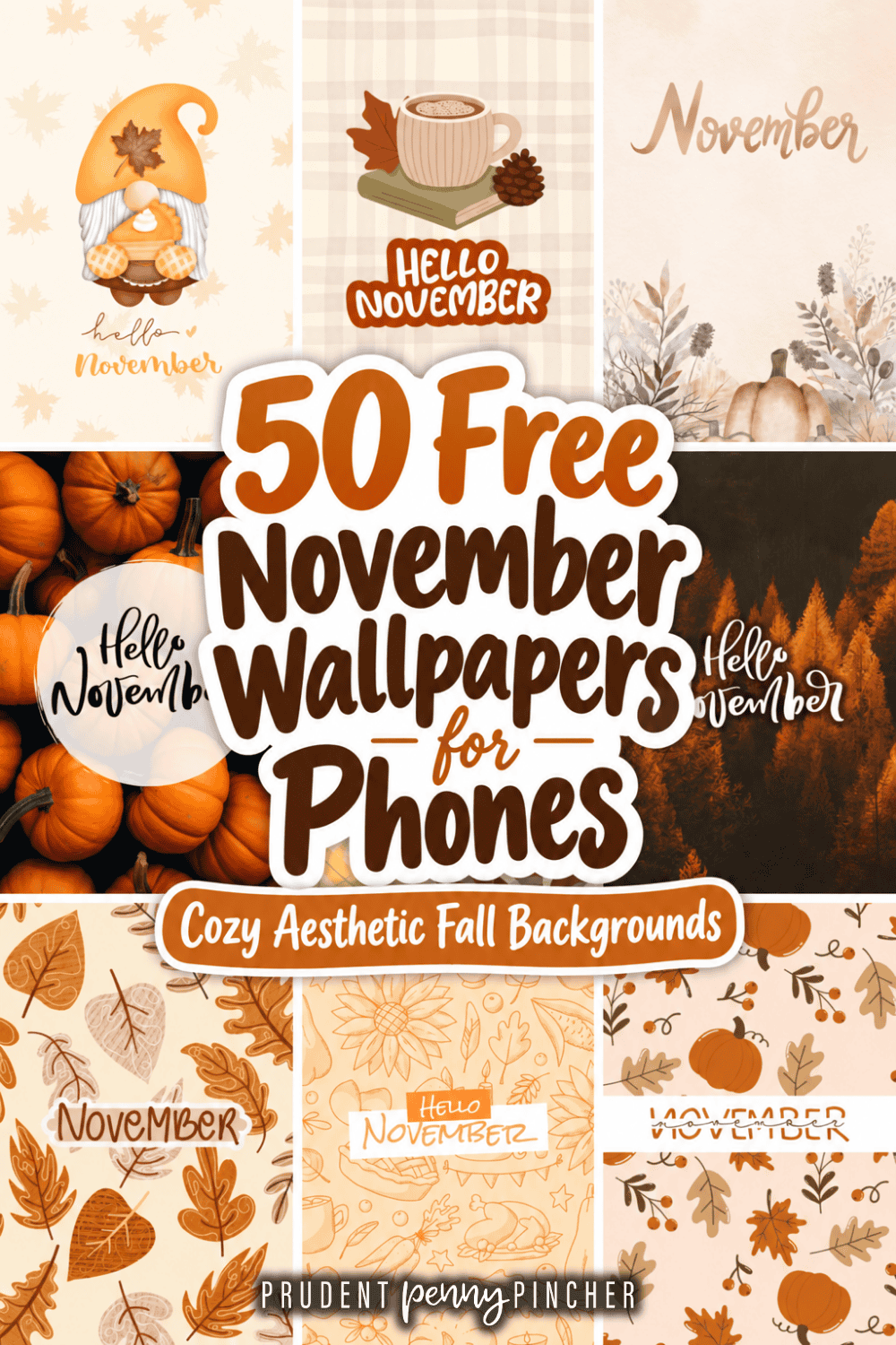 a collage of November phone wallpapers with pumpkins, fall leaves, cozy autumn illustrations.