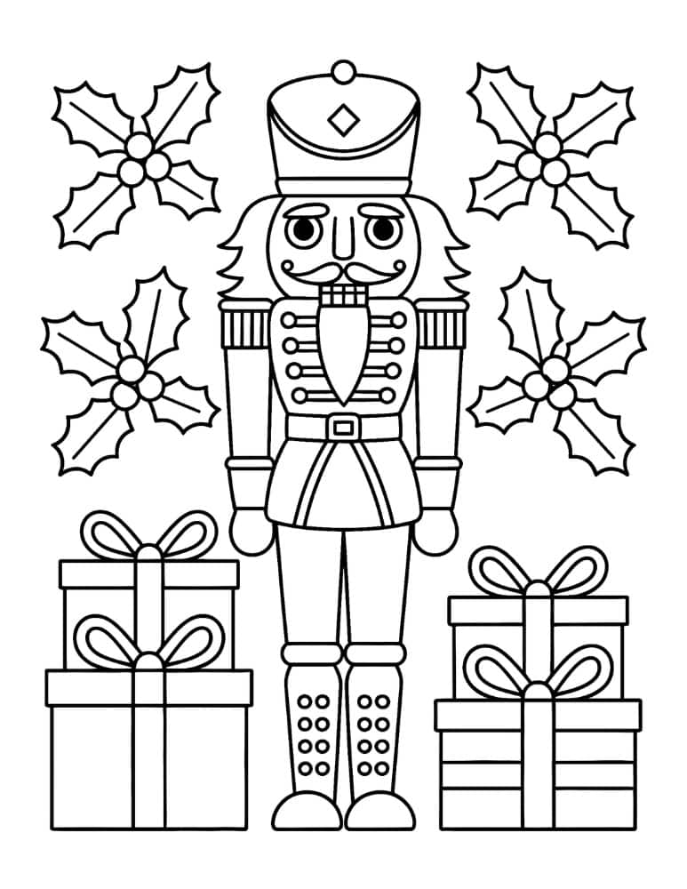 Nutcracker with Christmas Gifts and Holly