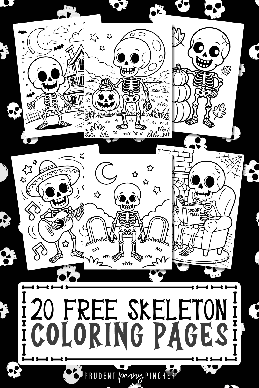 A collage of free printable skeleton coloring pages featuring Halloween scenes, pumpkins, a haunted house, graveyard, guitar-playing skeleton, and spooky book.