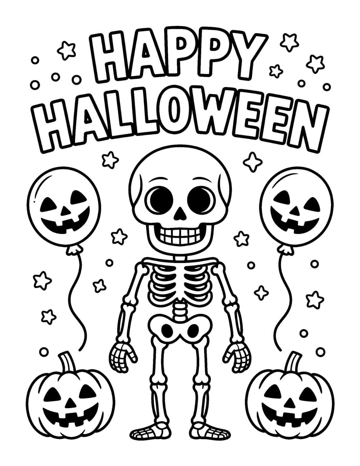 skeleton with balloons, jack o lanterns and happy halloween text