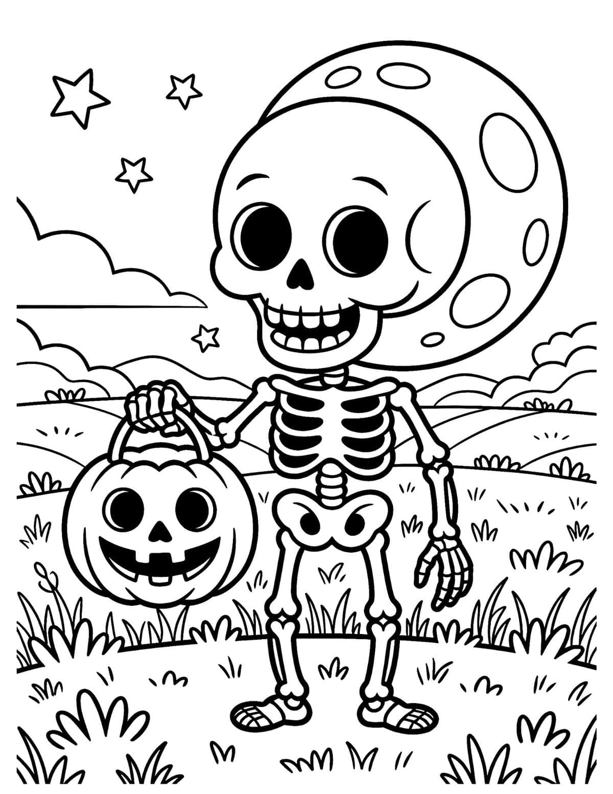 Skeleton holding a jack-o'-lantern under the full moon