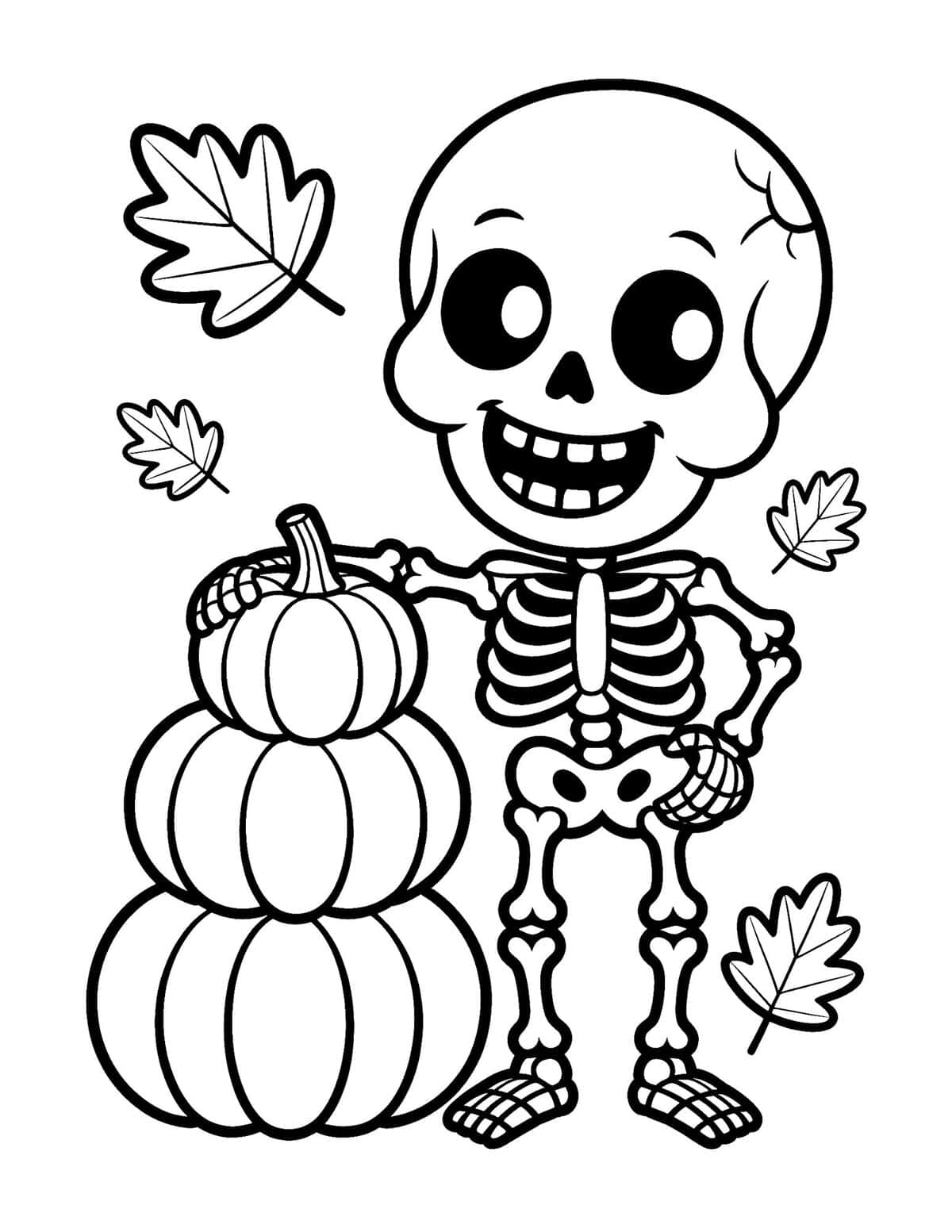 Skeleton with Stacked Pumpkins