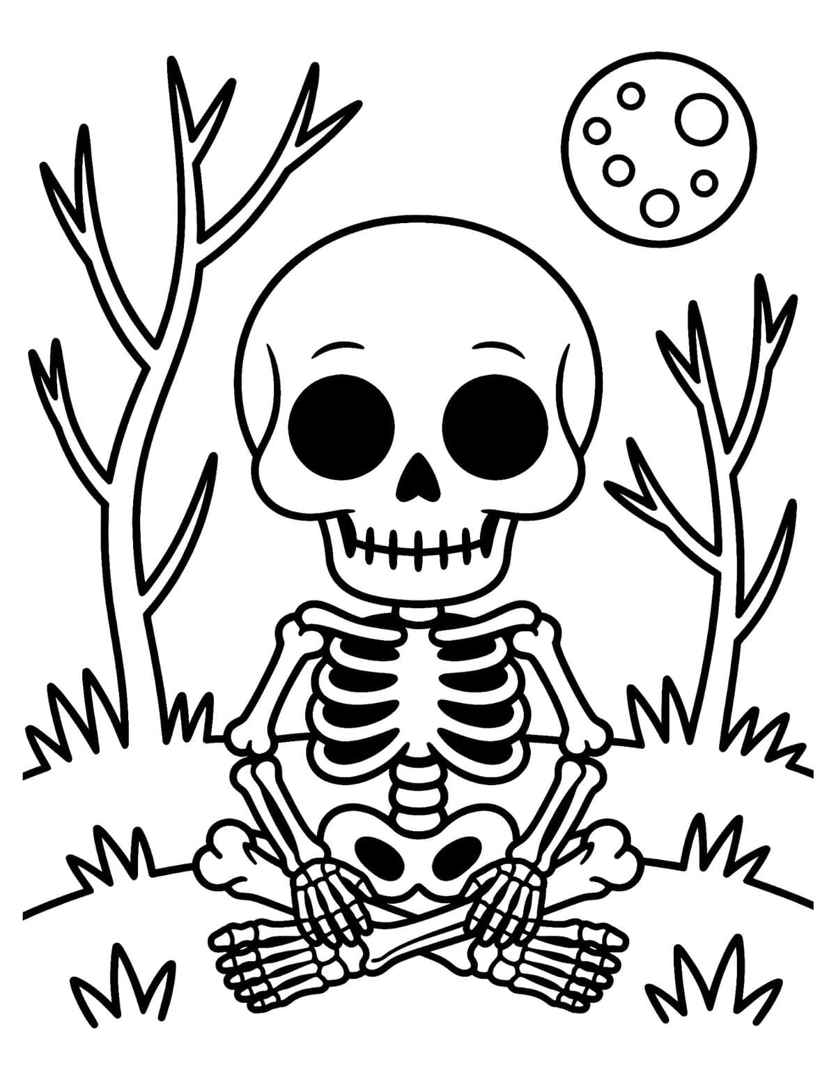 Skeleton sitting beneath a full moon with bare trees