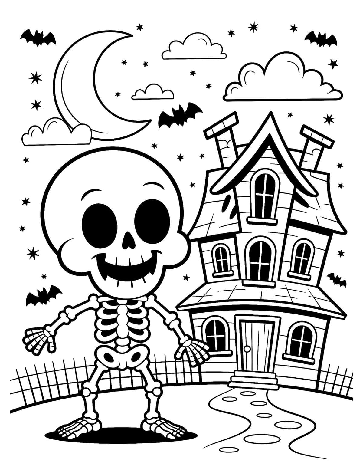 Skeleton outside a spooky haunted house with bats