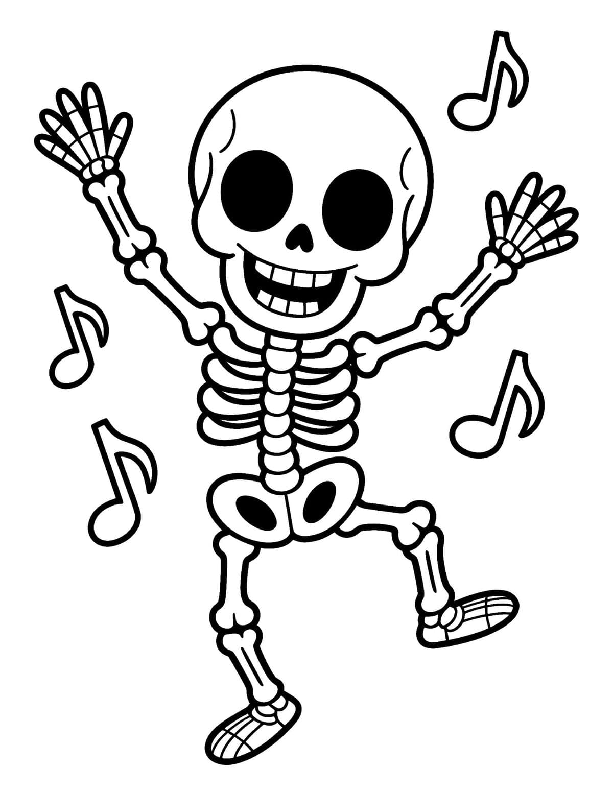 Dancing Skeleton with Music Notes Coloring Page