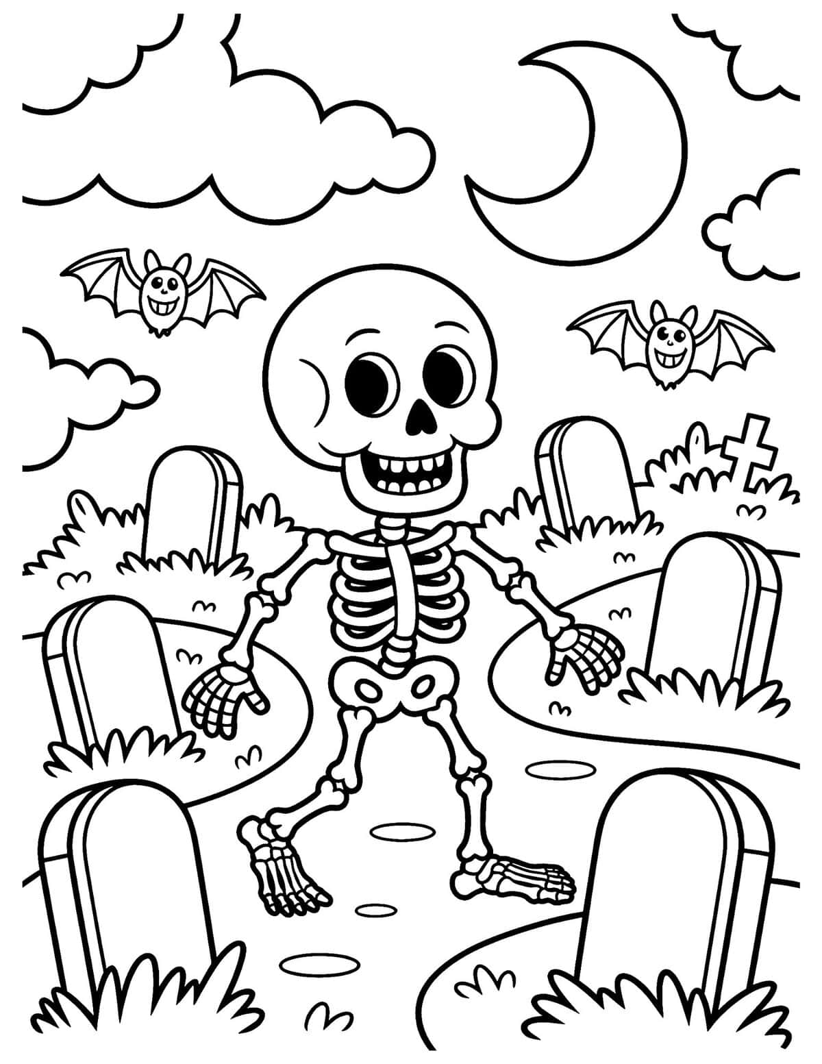 Skeleton walking through a Halloween graveyard with bats