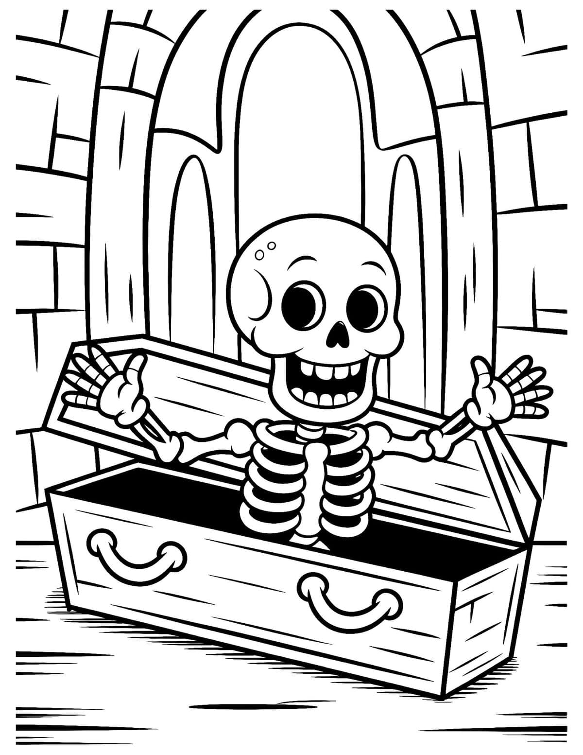 Skeleton popping out of a coffin inside a stone castle