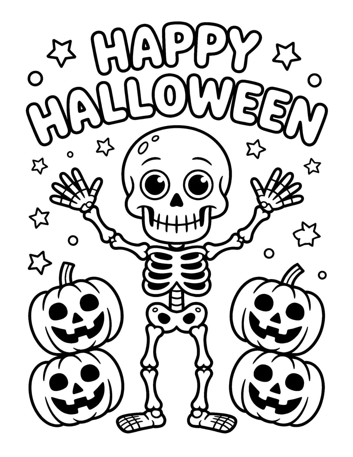 Happy Halloween Skeleton with Jack o Lanterns Coloring Page