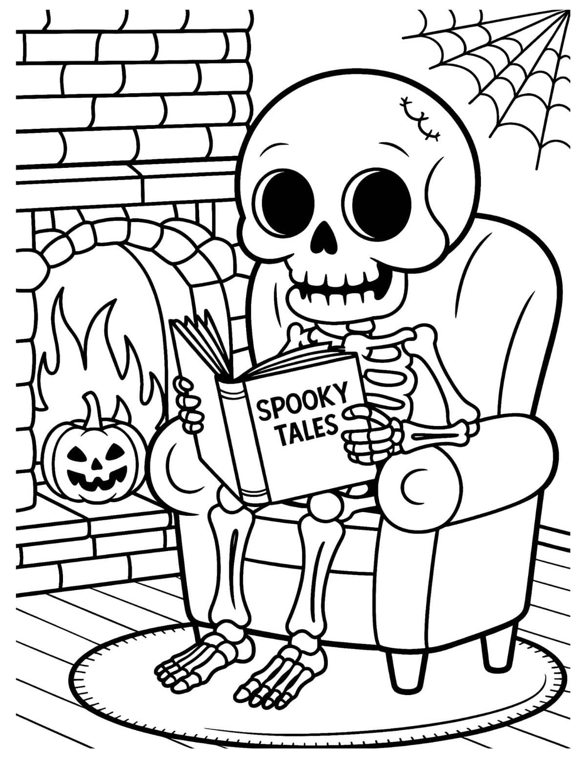 Skeleton Reading a Spooky Book by the Fireplace