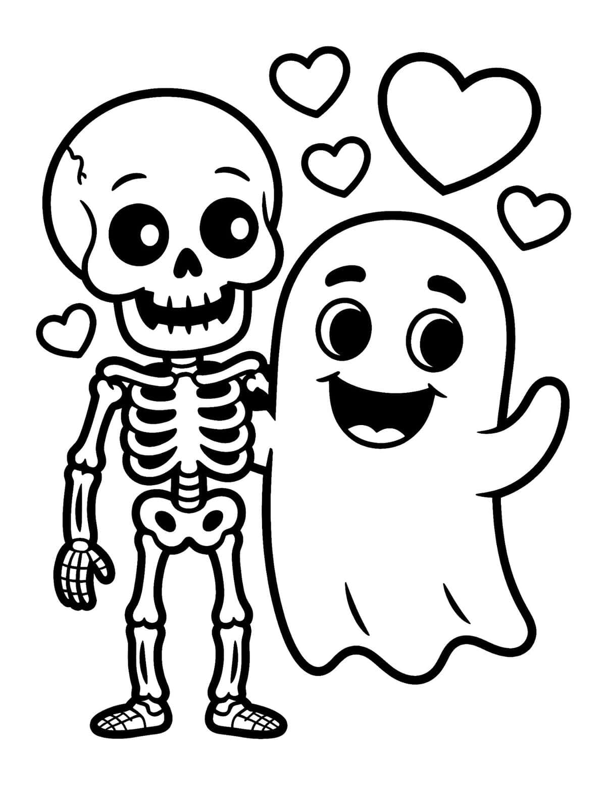 Skeleton and Friendly Ghost Coloring Page