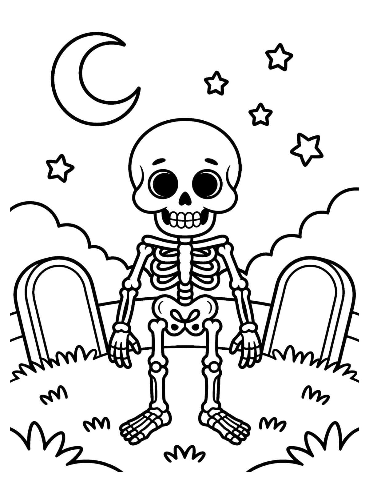Skeleton in a Graveyard Coloring Page