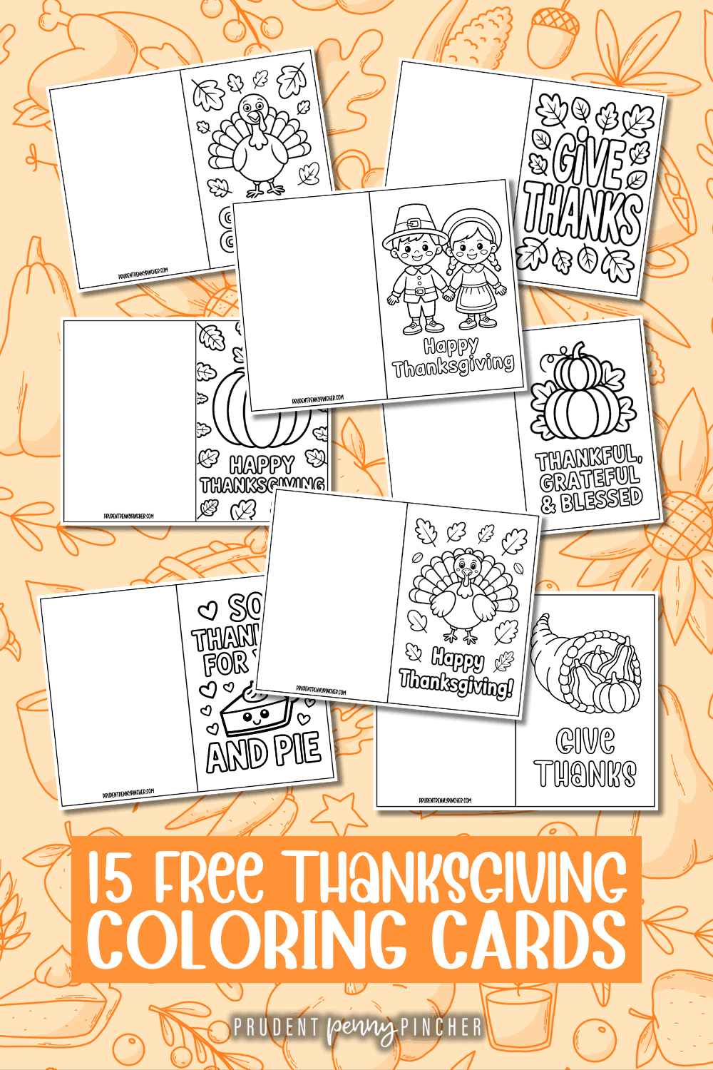 Thanksgiving Cards for Kids to Color on an orange background