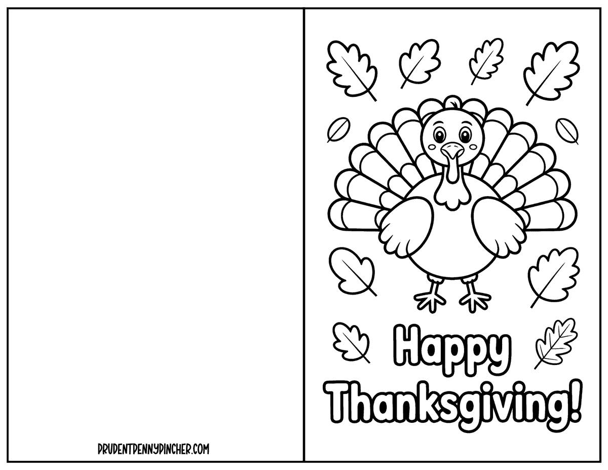 Printable Happy Thanksgiving turkey coloring card with fall leaves