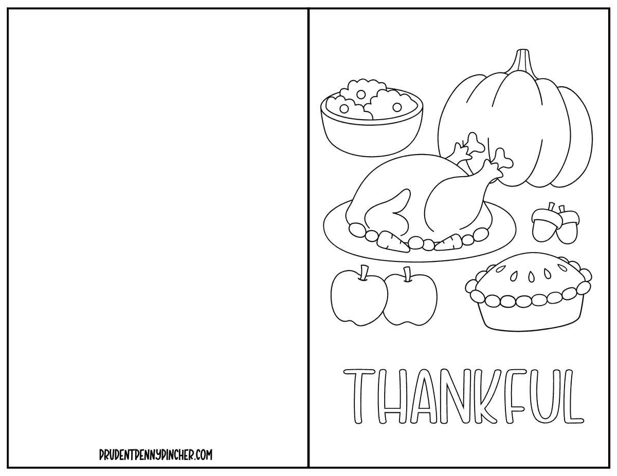 Thanksgiving dinner card with roasted turkey, pumpkin, pie, apples and acorns
