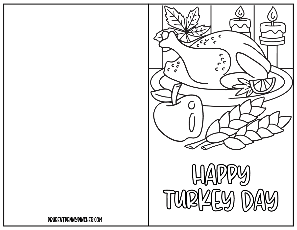 Happy Turkey Day coloring card featuring roasted turkey, pie, pumpkin and fall foods