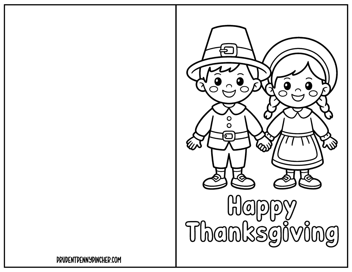 Happy Thanksgiving coloring card with a smiling boy and girl pilgrim