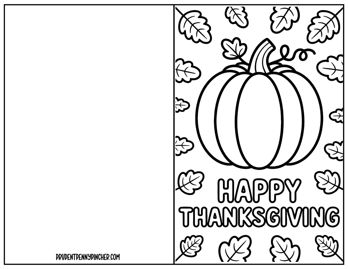 Large pumpkin card surrounded by fall leaves with Happy Thanksgiving text