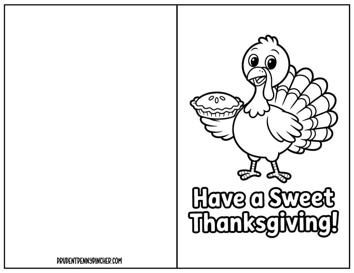 Turkey holding a pie card with Have a Sweet Thanksgiving message