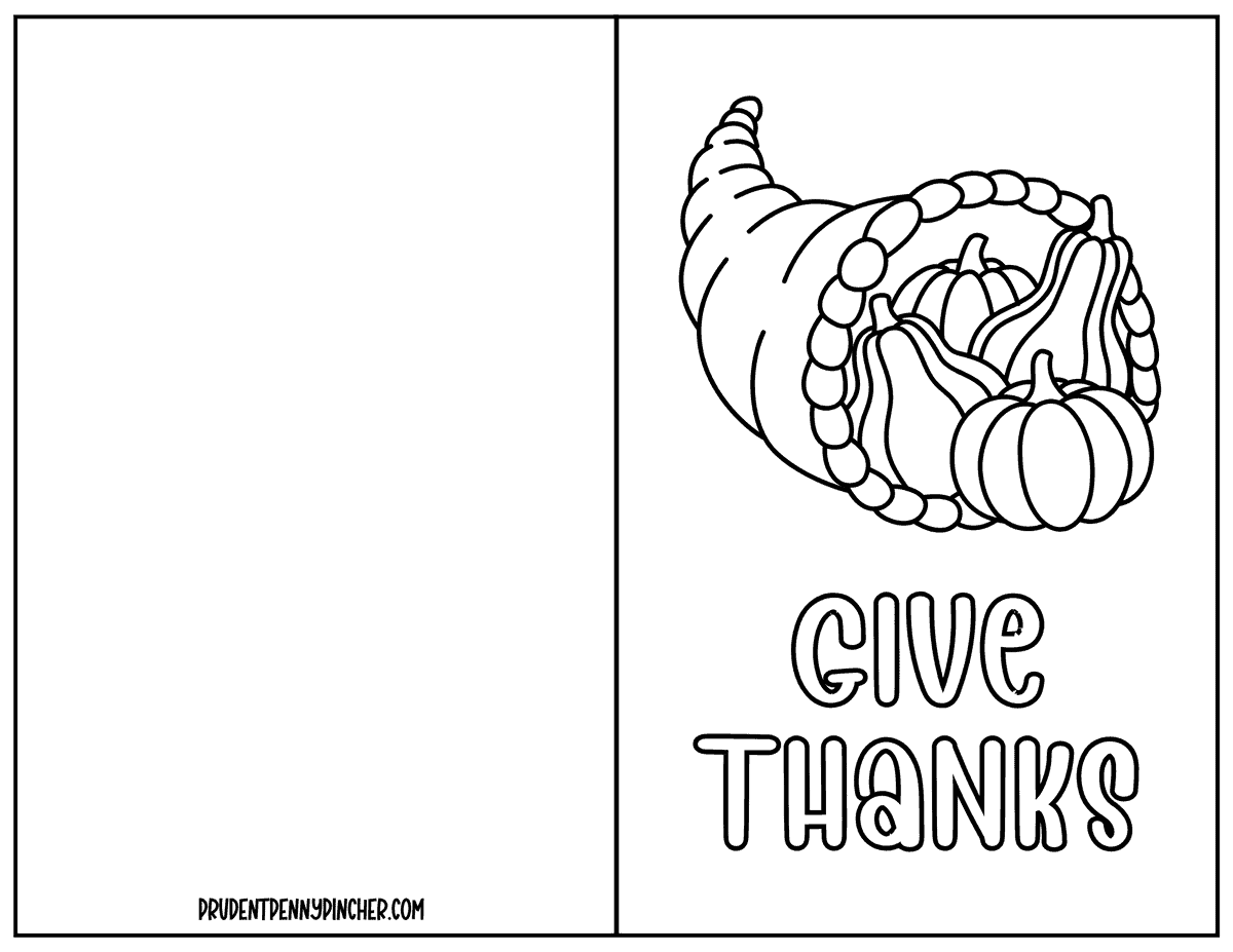 Cornucopia filled with pumpkins and gourds on a Give Thanks coloring card