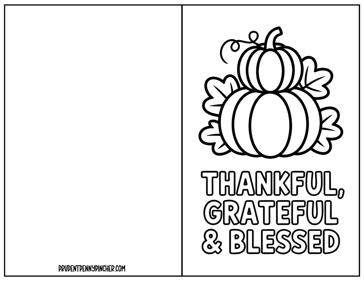 Stacked pumpkins and leaves coloring card with Thankful Grateful and Blessed message