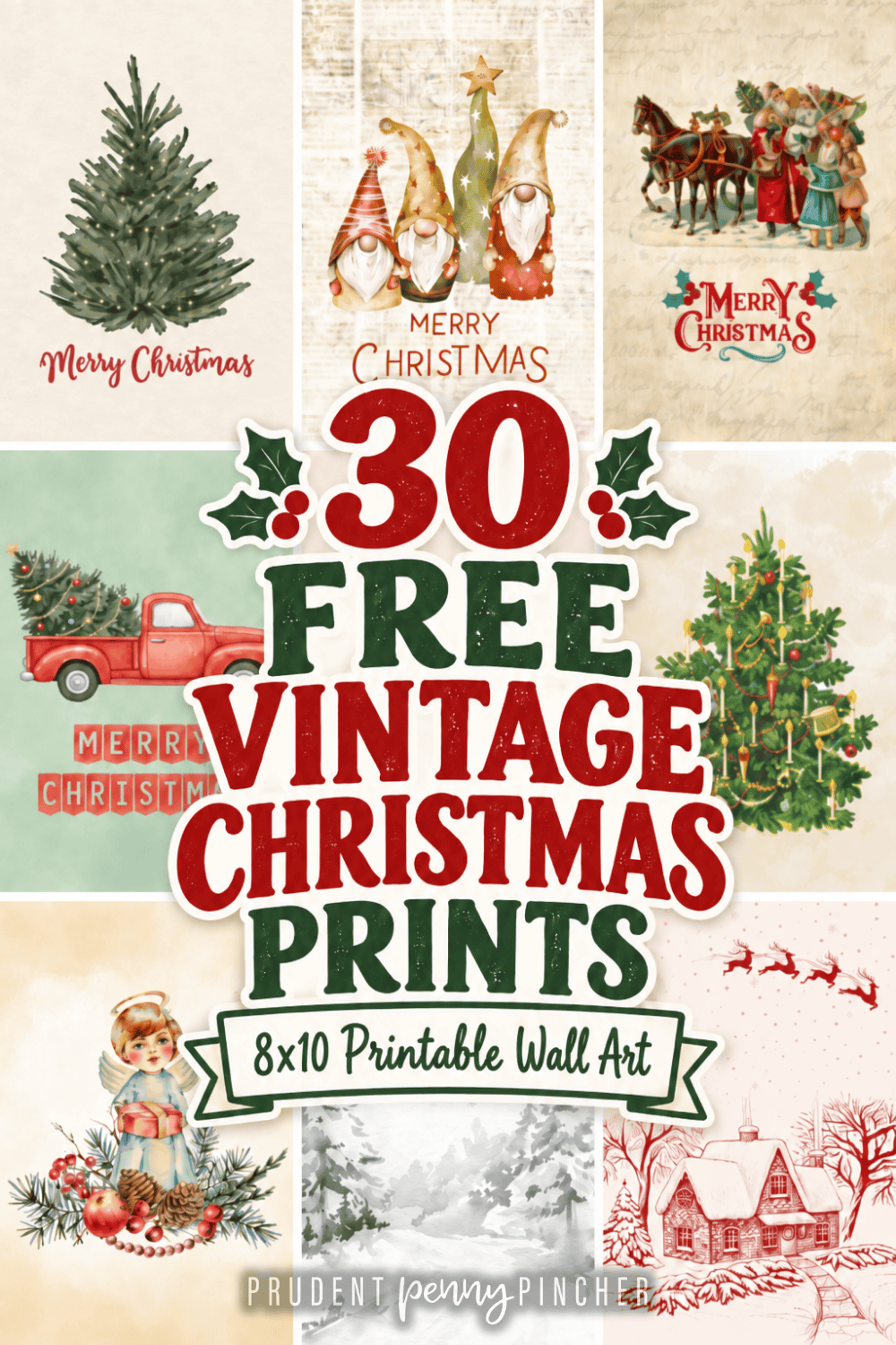 A collage of free vintage Christmas prints featuring Santa, Christmas trees, festive gnomes, a retro red truck, a Christmas angel, and snowy winter scenes.