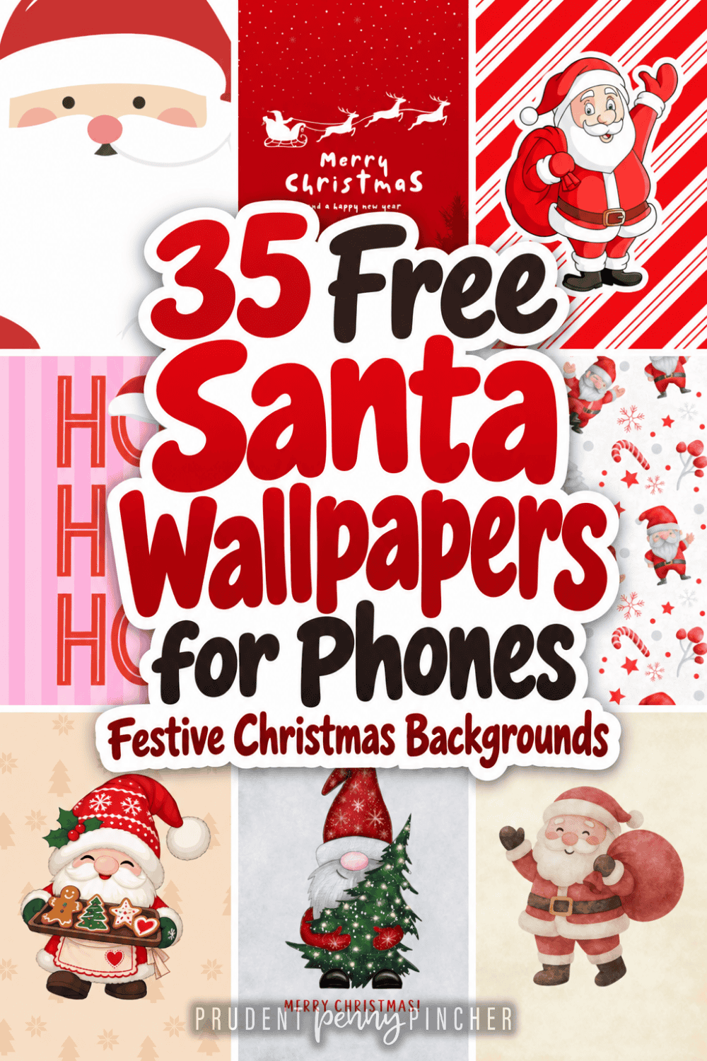 A collage of free Santa wallpapers for phones featuring cute Christmas backgrounds.