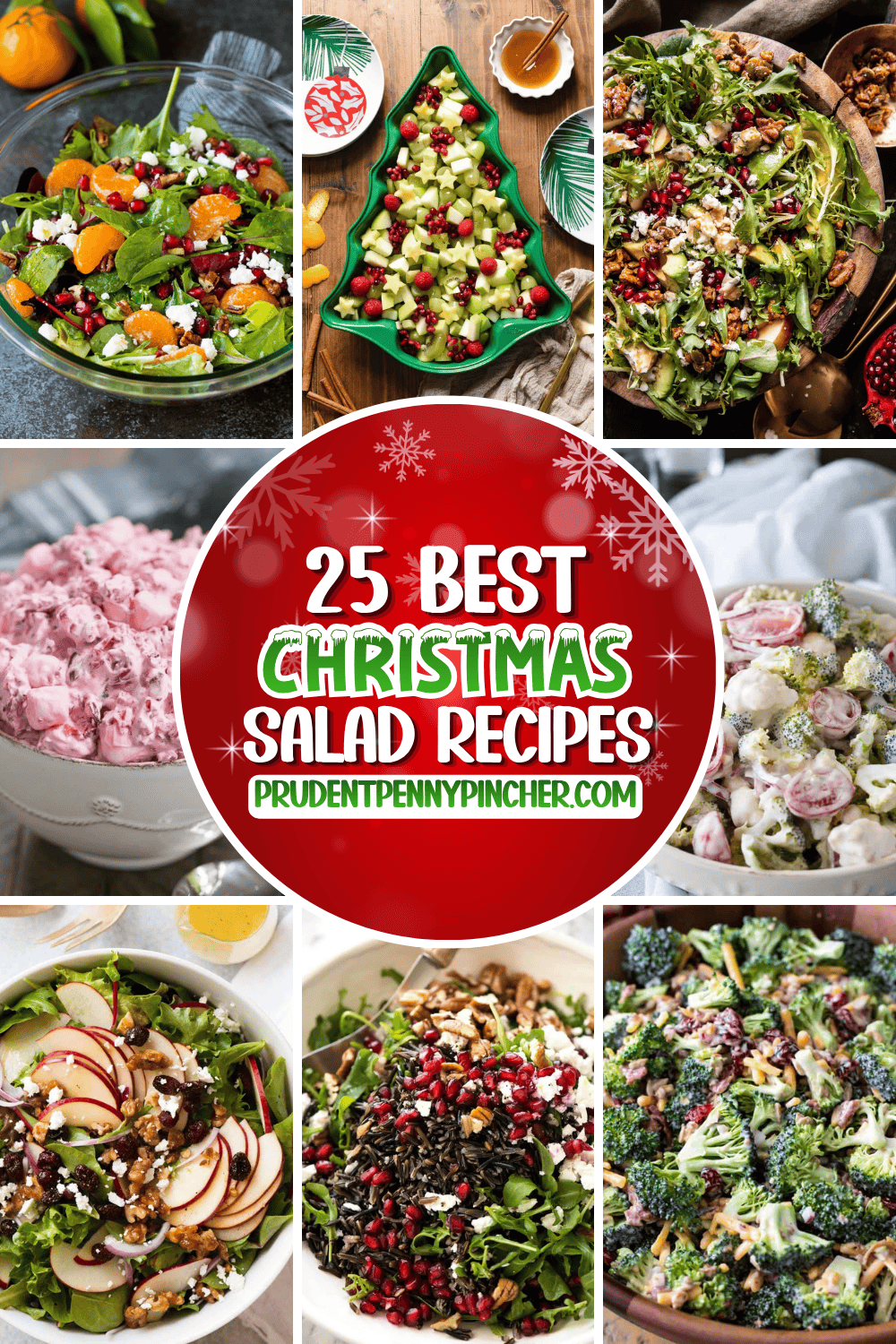 a collage of Christmas salad recipes, including fruit salad, pomegranate salads, cranberry fluff, apple salad, wild rice salad, and broccoli salad