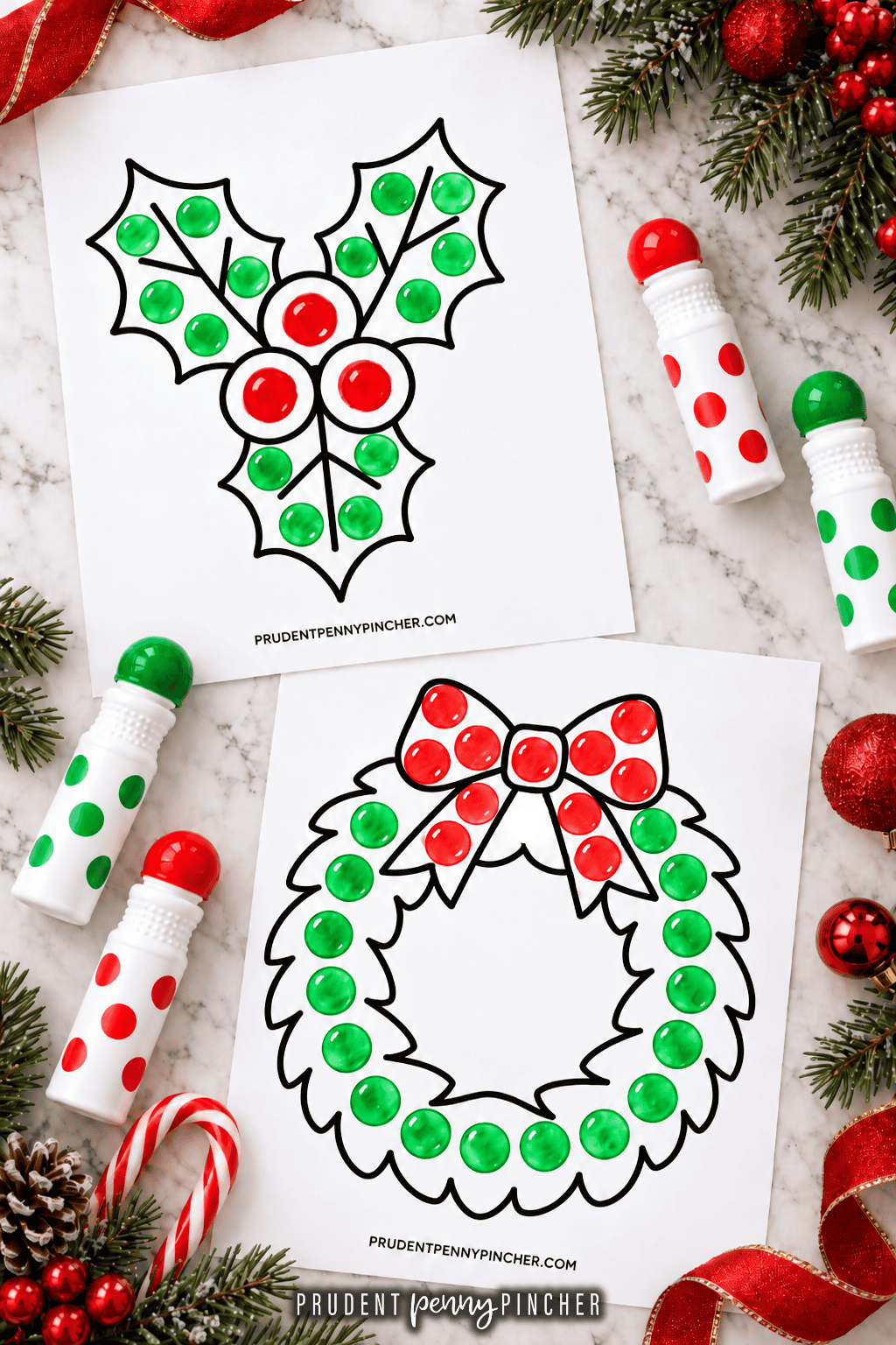 A collage of Christmas dot marker printables featuring completed holly and wreath designs with red and green dots, dot markers, candy canes, ornaments, and festive greenery on a white marble background.